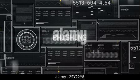 Bild von Phishing-Text und digitaler Datenverarbeitung auf schwarzem Hintergrund Stockfoto