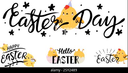 Osterhandschrift-Sätze mit süßem gelbem Huhn. Frohe Ostern, Frühlingsferien gratulierte Banner oder Aufkleber, dekorative Vektorelemente Stock Vektor