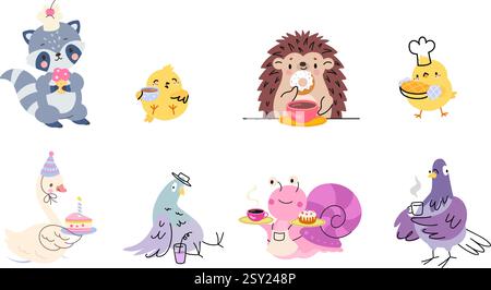 Niedliche Zeichentricktiere und Vögel mit süßem Essen und Getränken. Gelbes Huhn, Igel, Waschbär, Schneckentaube mit Tellern und Tassen, Vektorfiguren Stock Vektor