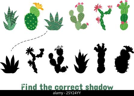 Spiel finde den richtigen Schatten für Kleinkinder. Isolierte grüne Kakteen- und Kakteen-Silhouetten. Kinder Puzzle spielen für freie Zeit, Vektor Hintergrund Stock Vektor