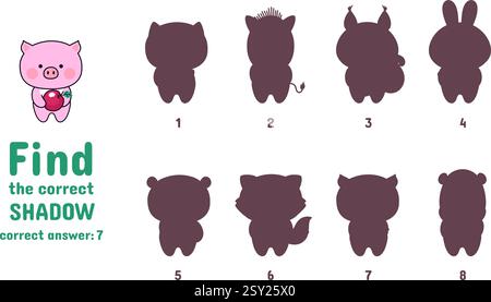 Puzzlespiel finde den richtigen Schatten des Tieres. Süßes Schwein mit Apfel. Kindergartenspiel mit verschiedenen Schatten. Bildungsvektor Stock Vektor