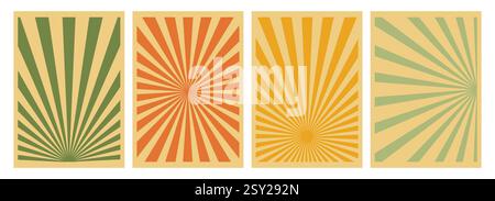 Posterset „Sonnenstrahlen“. Abstrakter Hintergrund mit gewundenen Radialmustern. Karamellfarbkonzept. Sonnenstrahlen im Vintage-Stil. Retro-STYLE. Stock Vektor