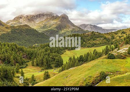 Landschaft in der Nähe des Dorfes Grevasalvas im Frühling, Graubünden, Schweiz Stockfoto