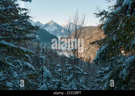 Dieses hochauflösende Foto zeigt eine ruhige Winterlandschaft in einer bergigen Alpenregion, wahrscheinlich in Europa. Das Bild zeigt eine malerische Stockfoto