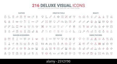 Hochzeitsvertrag und Partyfeier, Mode- und Kosmetikartikel, Ikonensatz aus Stoff. Kreatives Brainstorming für Ideen, dünne schwarze und rote Umrisssymbole Vektorillustration Stock Vektor