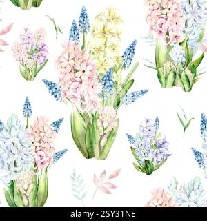 Ein nahtloses Muster von Frühlingsblumen. Hyazinthen in Rosa-, Blau- und Fliedertönen sind handgemalt in Aquarellen auf weißem Hintergrund. Die botanische Illustration eignet sich für Karten-, Verpackungs- und Textildesign Stockfoto