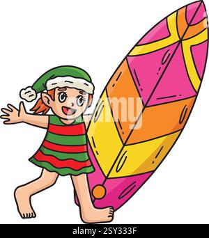 Weihnachten im Juli Elf und Surfboard Clipart Stock Vektor