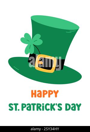 St. Patricks Day Grußkarte, Vektor-Illustration. Leprechaun-Hut mit Kleeblatt und Text. Niedliche bunte Elemente in irischen Farben Grün, Orange A Stock Vektor