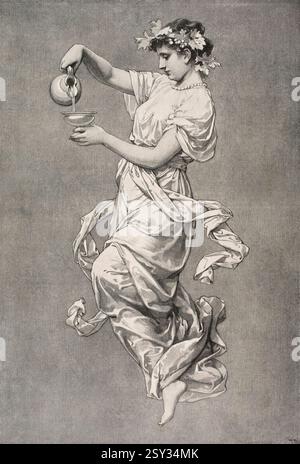 Kredenzende Bachantin (Servierbachantin), Halbton-monochrome Tusche Illustration einer klassisch bekleideten Frau, die Wein gießt, von Wiener Kunstprofessor Geor Stockfoto