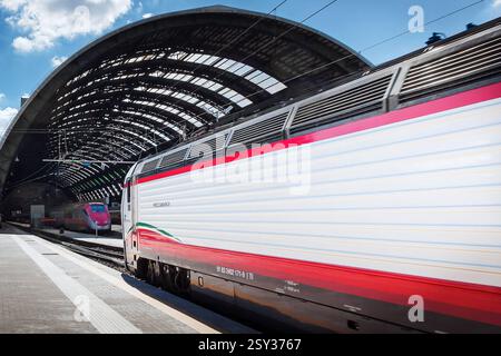 Hauptbahnhof Mailand - Zug Mailand, Italien - 26. August 2013: Zug, der auf den Gleisen des Hauptbahnhofs vorbeifährt, von der Außenseite des Bahnsteigs Nr. 1 gesehen. Mailand MI Italien Copyright: XGennaroxLeonardix Stockfoto