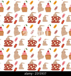 Niedliches nahtloses Muster mit Häschen und Kuchen Stock Vektor