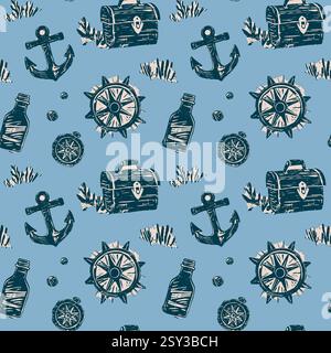 Vintage Nautical Treasure Map Elemente auf blauem Muster. Handgezeichnete Anker, Schatzkisten, Zirkel, Flaschen, Schiffsräder in Blau auf hellblauem bac Stock Vektor