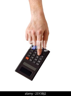 Die Hand der Person mit dem Rechner isolierten Ausschnitt auf weißem Hintergrund Stockfoto