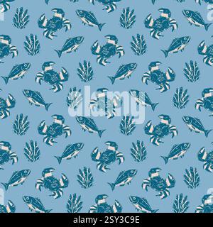 Vintage Blaue Krabben, Fische und Algen auf blauem Muster. Handgezeichnete blaue Krabben, Fische und Algen auf einem gedämpften blauen Hintergrund schaffen Vintage-Meeresinspi Stock Vektor