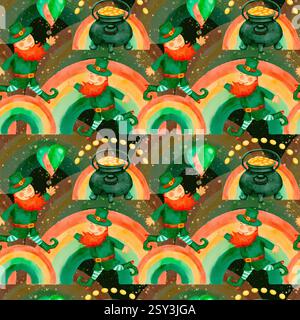 Ein verspieltes Design mit Leprechauns, hellen Regenbögen und glänzenden Goldtöpfen für eine fröhliche Feier. Nahtloses Aquarellmuster für den Druck auf Stoff und Papier. Stockfoto