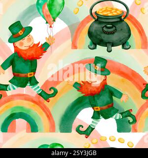 Bezaubernde Leprechauns mit bunten Ballons, leuchtenden Regenbögen und goldenen Töpfen für die Feierlichkeiten zum St. Patricks Day. Nahtloses Aquarellmuster für den Druck auf Stoff und Papier. Stockfoto