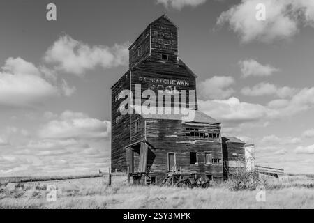 Großes, altes Getreidesilo mit den Worten DeWitt Chapman Co. Darauf. Das Silo ist leer und verlassen Stockfoto