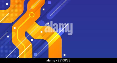 Abstraktes geometrisches Hintergrunddesign mit orangefarbenen dynamischen Linien auf blauem Hintergrund Stock Vektor