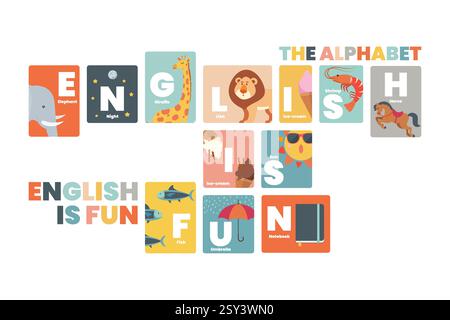 Englisch macht Spaß. Titelblatt Für Arbeitsblatt Mit Alphabet. Englisches Alphabet für die Kindererziehung. Vektorabbildung Stock Vektor