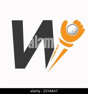 Anfängliches Golf-Logo auf Buchstabe W Konzept mit Hand und Golf Ball Symbol Vektor und Vorlage Stock Vektor