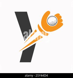 Anfängliches Golf-Logo auf Buchstabe Y Konzept mit Hand und Golf Ball Symbol Vektor und Vorlage Stock Vektor