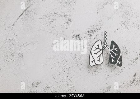 Design des Welt-TB-Tages: Lungen-Symbol aus Papier auf strukturiertem Grau. Förderung des Tuberkulosebewusstseins, der Gesundheitsversorgung und der Bedeutung der Lungengesundheit. Stockfoto