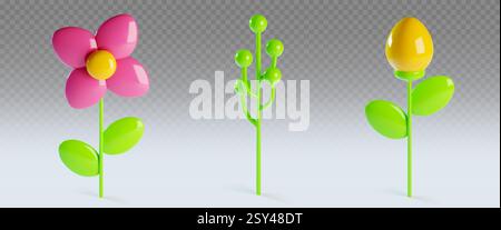 3D-Frühlingsblumen-Set aus Ton - rosa Blüte mit goldenem Zentrum, heller Zweig mit kugelförmigen Knospen, gelbe ovale Blüte am Blattstiel. Glänzende botanische Dekorationselemente für Saison- und Urlaubsdesign. Stock Vektor