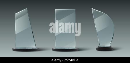 Trophäenkollektion aus Glas mit transparenten Auszeichnungen, schwarzen Standfüßen und minimalistischen geometrischen Formen. Realistische 3D-Kristall-Acrylpreise für Unternehmensleistungen, Wettbewerbe und Zeremonien. Stock Vektor