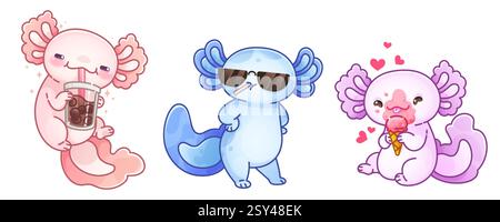 Süßes Axolotl Sommer-Set - rosa Salamander trinkt Bubble Tee, blauer cooler Charakter mit Sonnenbrille, lila Kreatur genießt Eiskegel mit schwimmenden Herzen. Kawaii Amphibien für lustige Aufkleber. Stock Vektor