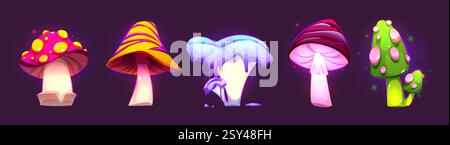 Magische Neonpilze, isoliert auf schwarzem Hintergrund. Vektor-Cartoon-Illustration von Fantasy Alien Pflanzen glühend im Märchenwald, giftiger Pilz für Hexentrank, Wunderland Landschaft Element Stock Vektor