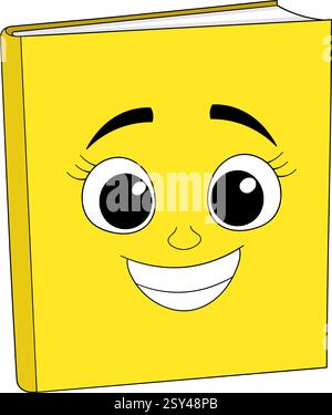 Ein fröhlicher gelber Buchcharakter mit großen ausdrucksstarken Augen und einem hellen Lächeln, der ein lustiges und fesselndes Leseerlebnis vermittelt Stock Vektor