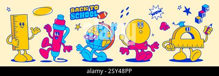 Groovige Schulfiguren in hellen Farben. Animierte Schreibwaren mit lächelnden Gesichtern und Gliedmaßen. Pädagogische Maskottchen im Retro-Stil mit Back-to-School-Text. Lustiges Design für Kinder, die lernen. Stock Vektor