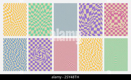 Y2K gewellte Schachbretthintergründe mit verzerrten Rastermustern. Optische Täuschungstexturen in Retro-Pastellfarben. Abstrakte, verdrehte Ornamente mit dynamischen Trippie-Effekten. Vintage-Poster mit groovigem Karomuster. Stock Vektor