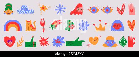 Abstrakte Kritzelformen mit einfachen Gesichtern, Blumen, Herzen, Händen und Augen. Verspielte Cartoon-Elemente in Vintage-y2k-Ästhetik. Lustige flache Kollektion für Social Posts, Aufkleber oder Retro-Design. Stock Vektor