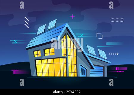 Smart House bei Nacht. Modernes futuristisches Haus mit Solarenergie-Panels batteriebetriebenes wifi digitale Technologie, Garage Speicher Neonbeleuchtung in Fenster Vektor Illustration Originalkunstwerk Stock Vektor