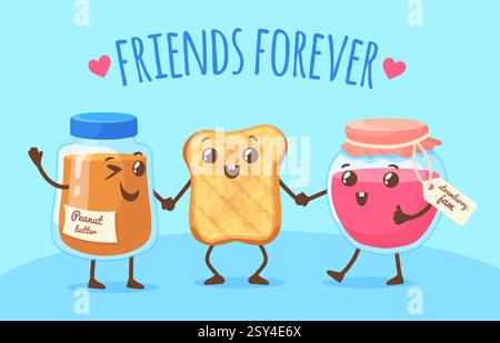Butterbrotfreunde. Erdnussbutter und Gelee Erdbeermarmeladengläser mit Sandwich Toast Kawaii Zeichentrickfiguren Kinder lustiges süßes Gesicht beste Kumpel zusammen, ordentliche Vektor Illustration Original Artwork Stock Vektor