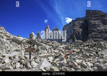 Blick vom Mirador de las Torres, Torres del Paine Nationalpark, Patagonien, Chile, Südamerika Stockfoto