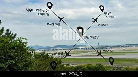 Ein Aufkleber auf dem Fenster, der die Flugzeit zwischen Incheon International Airport und den größeren Städten anzeigt Stockfoto