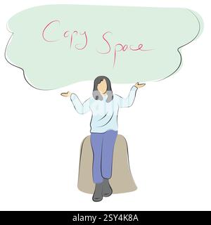 Frau zeigt grünen Kopierraum über ihrem Kopf Illustrationsvektor Hand gezeichnet mit schwarzen Linien isoliert auf weißem Hintergrund Stock Vektor