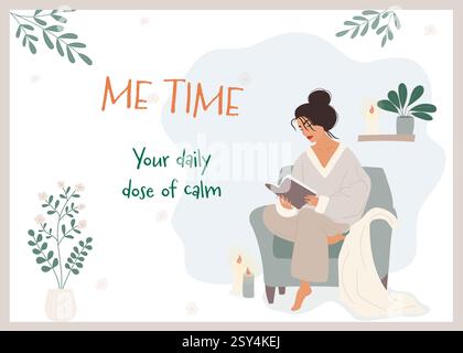 Frau liest ein Buch in einem gemütlichen Stuhl, Selbstpflegeplakat Stock Vektor