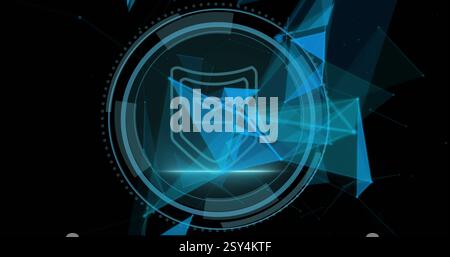 Abbildung des Scans mit Abschirmungssymbol über dem Netzwerk von Verbindungen auf schwarzem Hintergrund Stockfoto