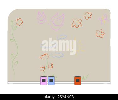 Wandbild mit kindlichen Zeichnungen und Farbdosen 2D Vektor Illustration Stock Vektor