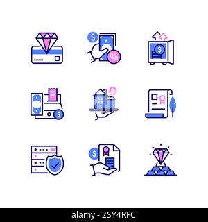 Bankprodukte – Symbole im Liniendesign Stock Vektor
