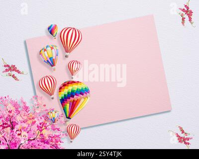 Heißluftballon und rosa Blumen. Aquarellmalerei rosa Farbe Papier Kunst Illustration mit Kopierraum oder Text Postkarte Poster und Banner Werbung Stockfoto