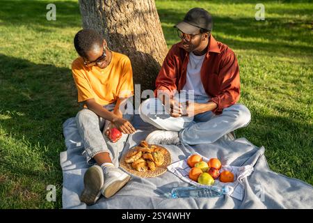 Das junge schwarze Paar sitzt auf einer Picknickdecke, isst und plaudert im Park. Entspanntes Date in der Natur, Städtereise Stockfoto