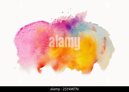 Helle Aquarellfarbe gelb-rosa-blaue Pinseltinte, Spritzer-Strich Fleckentropfen. Abstrakte Kunstillustration auf weißem Hintergrund. Banner für Text, Grung Stockfoto