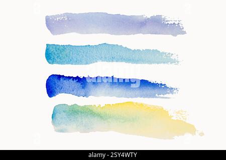 Helles Aquarellblau, gelb, lila Fleckenlinie. Abstrakte Illustration auf weißem Hintergrund. Banner für Text, Grunge-Element für Dekoration Stockfoto