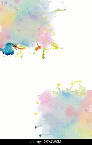 Helles Aquarell blau- gelb- rot- rosa Fleckentropfen, Pinselstrich. Abstrakte Illustration auf weißem Hintergrund. Banner für Text, Grunge-Element für d Stockfoto