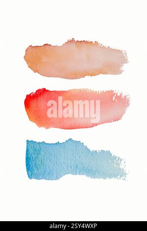 Helles Aquarell blau- gelb- rot- rosa Fleckentropfen, Pinselstrich. Abstrakte Illustration auf weißem Hintergrund. Banner für Text, Grunge-Element für d Stockfoto
