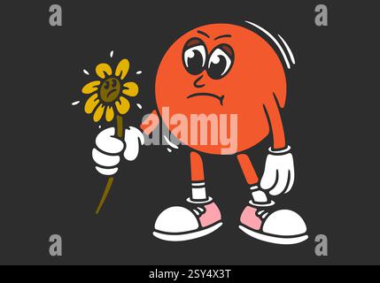 Kugelkopf-Maskottchenfigur-Illustration in traurigem Ausdruck mit verwelkter Sonnenblume. In roter Farbe Stock Vektor